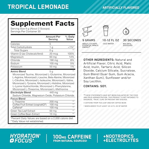 Image of Optimum Nutrition Amino Energy Powder Plus Focus, with BCAA, Electrolytes, and Caffeine, Tropical Lemonade, 30 Servings (Packaging May Vary)