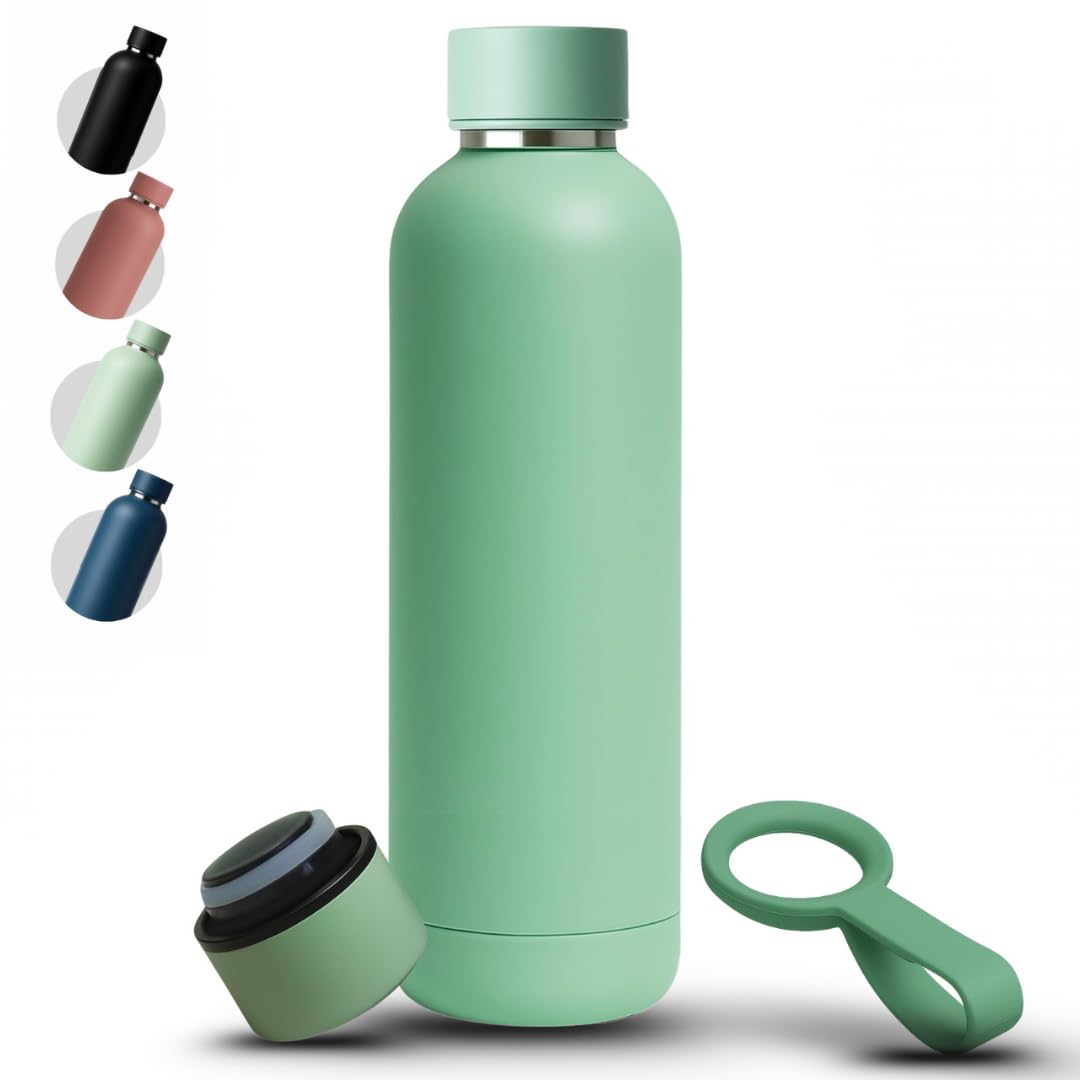 16OZ Stainless Steel Water Bottle 500ml Vacuum Insulated Water Bottle for Kids School Carry Handle BPA Free Drinking Thermos Flask زجاجة معزولة (MOSS GREEN, SMALL)