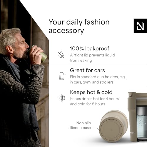 Image of LARS NYSOM Thermo Coffee Mug to go 13oz | Travel Mug 0.38 Liter with Insulation | Silicone grip base | Leak Proof Stainless Steel Tumbler for Coffee and Tea on the Go (Powder Taupe Brown, 13oz)