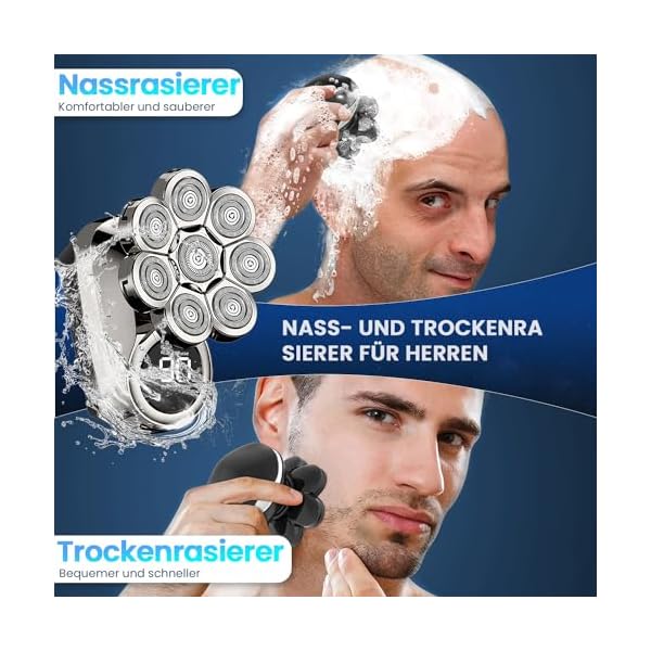 ETENTOUS Glatzen Rasierer Herren 6 in 1 Glatzen Rasierer 8 Rotierende Kopfrasierer Glatze, Wasserdichtes Nass und Trocken Rasierer,Glatzenrasierer mit LCD und Pflege Kit – Bild 4