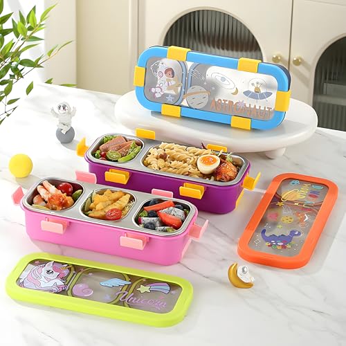 Image of HOUSIFY Kids Stainless Steel Lunch Box | Leakproof Bento Tiffin Box with 3 Compartments | BPA Free Food Grade Lunch Box for Boys & Girls | Airtight School Tiffin Box with Cutlery Storage | 500ml