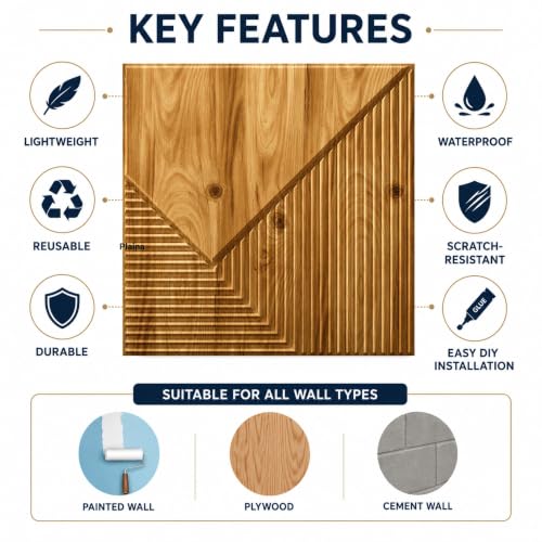 Image of Kayra Decor 3D PVC Wall Panels for Bedroom & Living Room | Plaina Design | Beech Wood Color | 19.7 x 19.7 Inch | Pack of 40 | 107.6 Sq Ft