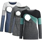 DDLUYY Damen Umstandskleidung Langarm Stillshirts Stilltop 3er-Pack, Gryblk+ltblue+blkgrn, M