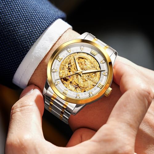Image of OLEVS Dragon Skeleton Mens Automatic Watch 42MM Large Dial Gold Luxury Self-Winding Diamond Waterproof Stainless Steel Business Tourbillon Mechanical Watches