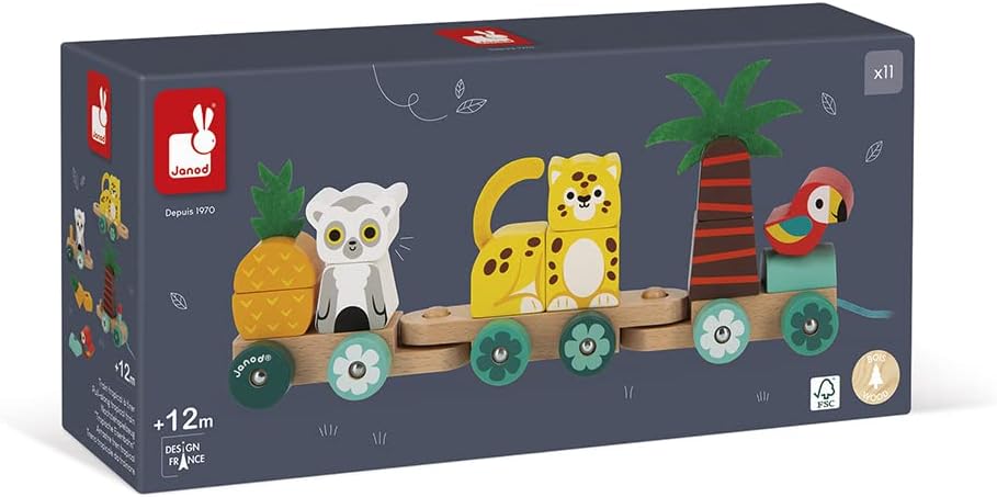 Janod - Tropik Tropical Pull-Along Train - 11 Pieces and 3 Cars - Ages 1 Year + J08272