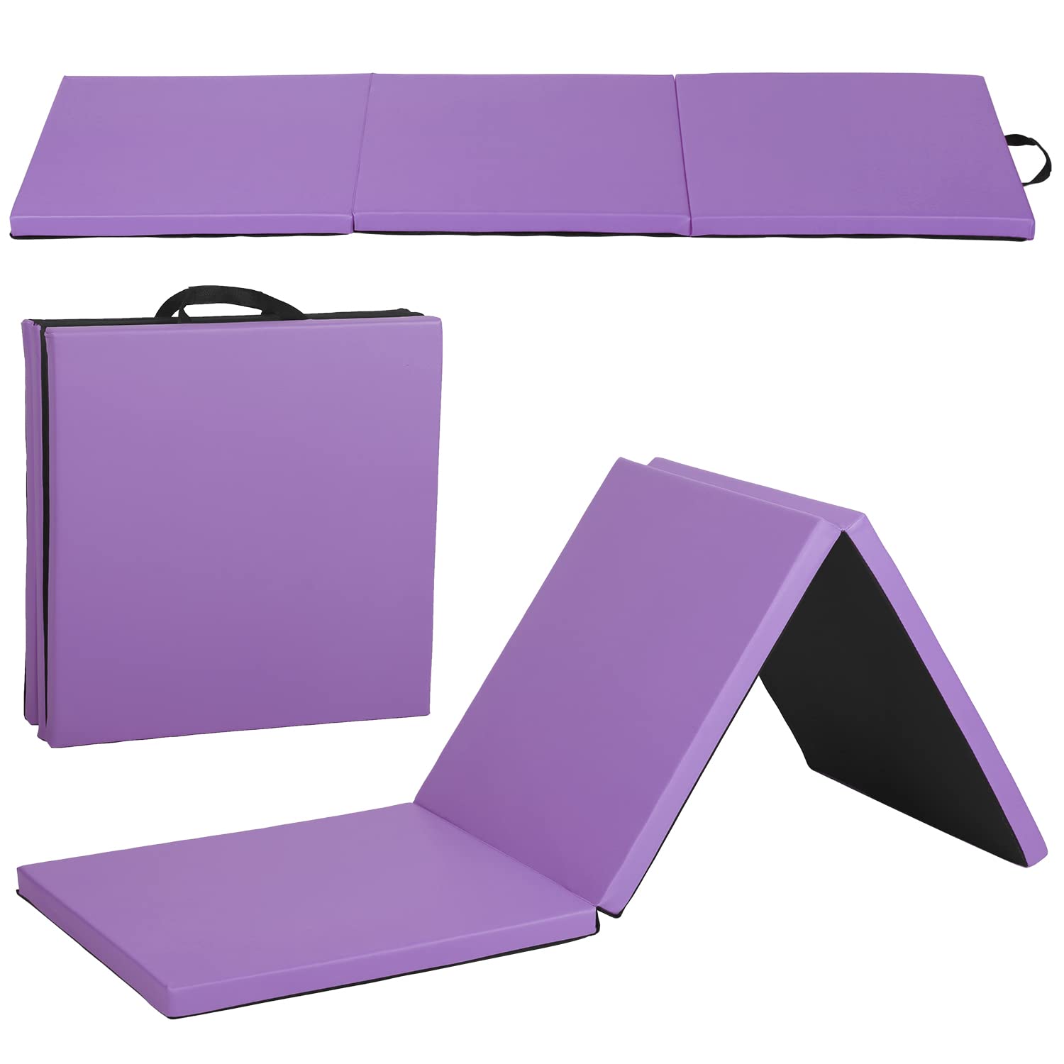 Multifunctional Gymnastics Mat for Kids and Adults, Anti-Tear Folding Exercise Mat with Crash Panel - Purple 6'x2', Lightweight with Handles