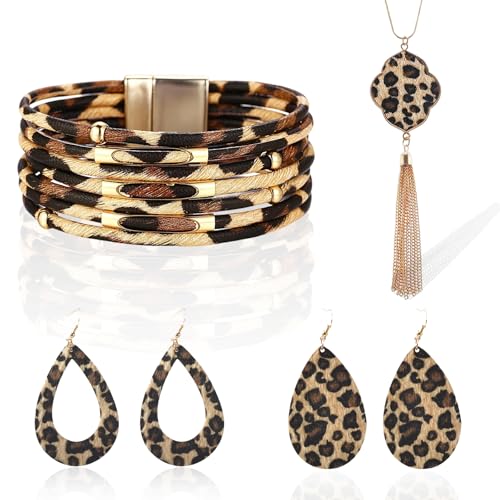 Snyvpra 4 Teiliges Schmuckset Leopardenmuster Halskette mit Palmenblatt Anhänger Ohrringe und Armbänder Set Stilvoller Weihnachtsschmuck für Frauen