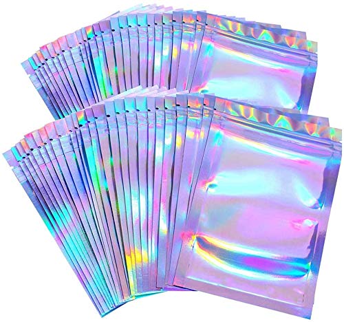 100 Pack Resealable Small Mylar Storage Bags, Smell Proof Pouch Aluminum Foil Packaging, Mylar Bags, Plastic Ziplock Bag for Candy,Jewelry,Screw,6x4 inch(Holographic Rainbow Color)