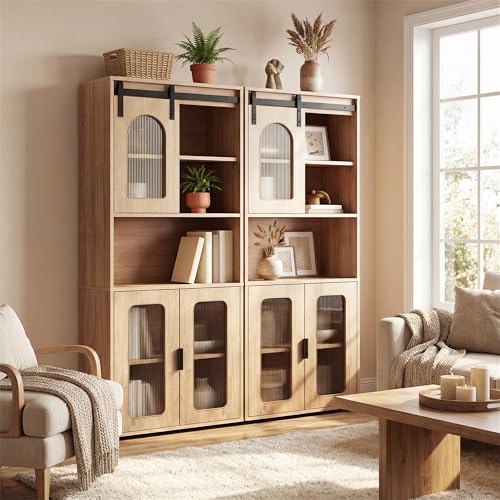Image of Tangkula 59 inch Tall Bathroom Floor Cabinet, Freestanding Storage Cabinet with Sliding Barn Door & Open Shelves, Farmhouse Bathroom Storage for Kitchen, Living Room, Dining Room (Natural, 59 inch H)