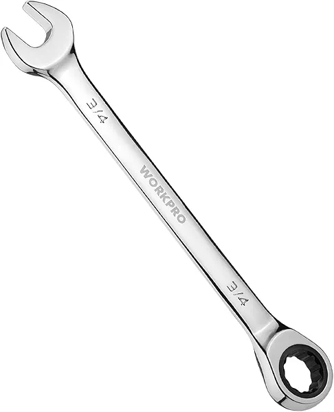 WORKPRO 3/4" Ratcheting Combination Wrench SAE, CR-V Constructed with Mirror Polish Chrome Plating, 12-Point Design, 15-Degree Offset 3/4" Mirror Polish