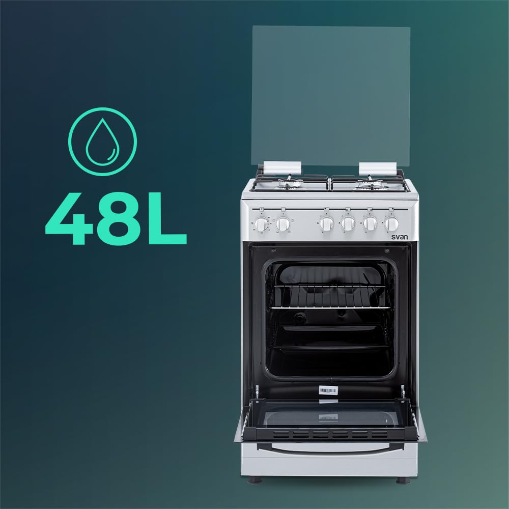 Svan Cocina Mixta Gas Butano 4 Zonas de Cocción, Horno 48 L, Inox SKM4501X. Control Manual, 5 Programas de Cocción, Cristal en Puerta de Doble Capa, Tapa Abatible