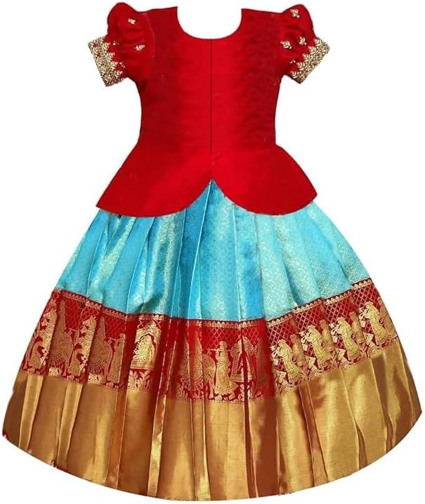 White Button New south Indian traditional pattu pavadai Jecquard Lehenga choli for girls dress