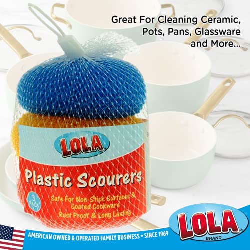 Image of LOLA Plastic Mesh Scouring Pads - 3 Pack, 3.375 inch x 1.25 inch, Non-Scratch Dish Scrubbers to Clean Dishes, Assorted Colors - Red, Blue & Yellow