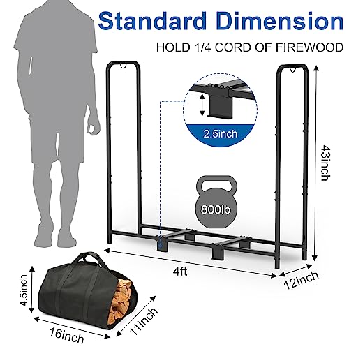 MOFEEZ 4ft Firewood Rack Outdoor with Log Carrier, Heavy Duty Steel Logs Holder for Wood Storage, Holds Up to 800lbs, Black Powder-Coated Finish for Weather-resistant, Anti-rust - Thumbnail 7