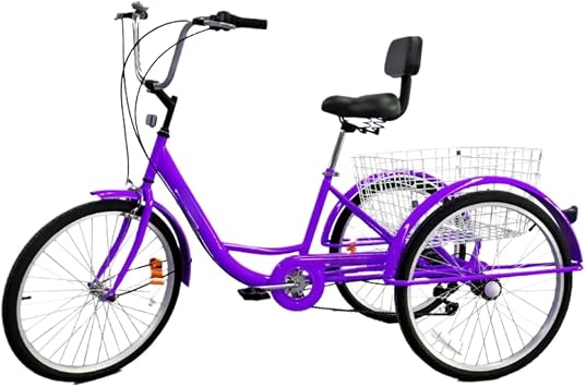 Adult Tricycle 7 Speed Adult Mountain Trike 24" 3 Wheel Bike Bicycle Cruise Trike with Rear Shopping Basket Purple