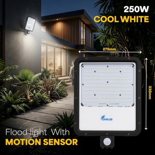 Image of Forus 250W LED Flood Light Daylight White with Motion Sensor Auto On Off Day Night Mode Waterproof Outdoor Security Light for Garden Parking Garage Factory Shop High Bright Floodlight 4Yr Warranty-1Pc
