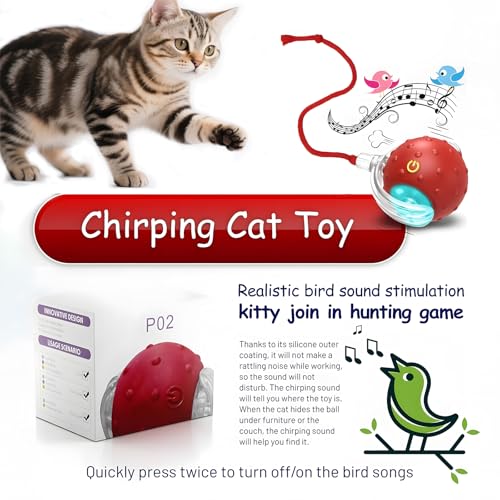 Interactive Cat Toys Ball - 2025 New Gen with Smart Obstacle Avoidance,Bird Chirps & Auto Wake-Up,Includes 1 Speedy Tail 2.0 Ropes, Ideal Kitten Toys for Bored Indoor Cats (Red)