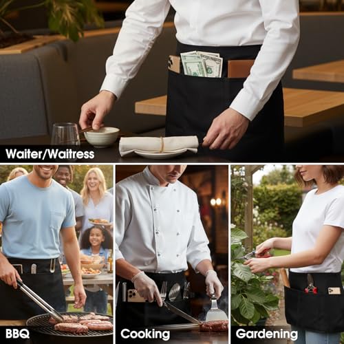Image of BOHARERS 3-Pocket Waist Apron With American Flag Print Straps - Black Waitress Waiter Server Short Aprons