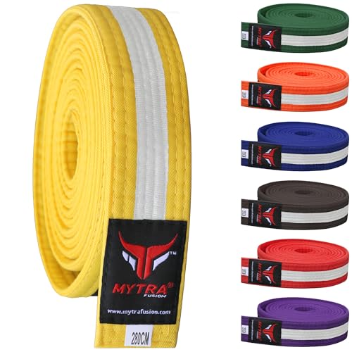 Image of Mytra Fusion Karate Belt Multiple Colors Taekwondo Belts Martial Arts Karate Belts (Yellow/White, 260-CM)