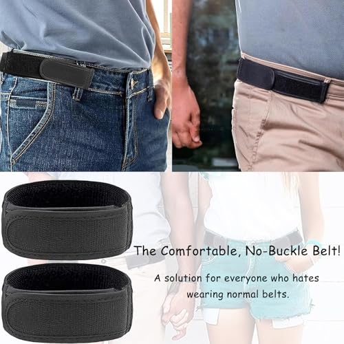 Image of 2 Pack Elastic Belt For Men, Black Stretchable Belt Without Buckle, Adjustable Waist Belt For Pants Jeans Shorts, Comfortable Formal Belt For Travel Work Daily Wears, 41cm x 4cm x 1.2cm