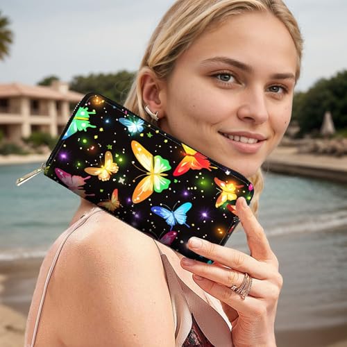 Image of RFID Blocking Leather Wallet for Women - Large Capacity Zip Around Clutch with 8 Card Slots,17 Cash Pockets & Coin Zipper,Colorful Butterfly