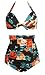 COCOSHIP Retro 50s Black & Colorful Rose Floral Halter High Waist Bikini Carnival Swimwear XL(FBA)