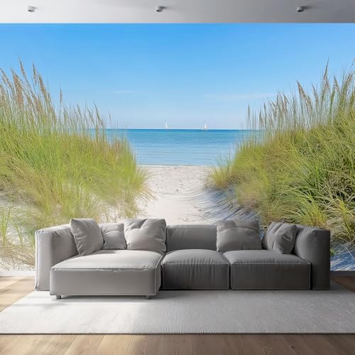 Carta da parati non tessuta 400 x 280 cm, Erba Naturale Spiaggia Decorazione da parete gigante per la cameretta dei bambini, ragazzo, adolescente Blu Verde