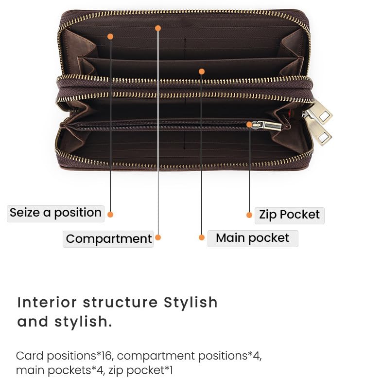 Generic Vintage Genuine Leather Wristlet Purse Top Grain Leather Wallets Large Capacity Credit Card Holder Long Phone Zip Clutch (Coffee)4