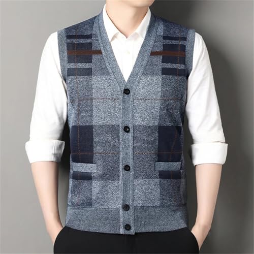 Men's Autumn V-Neck Sleeveless Knit Vest Warm Fleece Checkered Button Cardigan Casual Business Sweater4