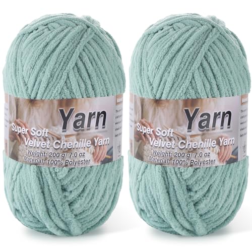 Image of 2 * 200g /7oz Chunky Chenille Yarn for Baby Blanket Yarn for Crocheting - Super Soft Chenille Plush Yarn - Bulk Thick Yarns Used for Making Scarves, Blankets, DIY Craft (Light Green)