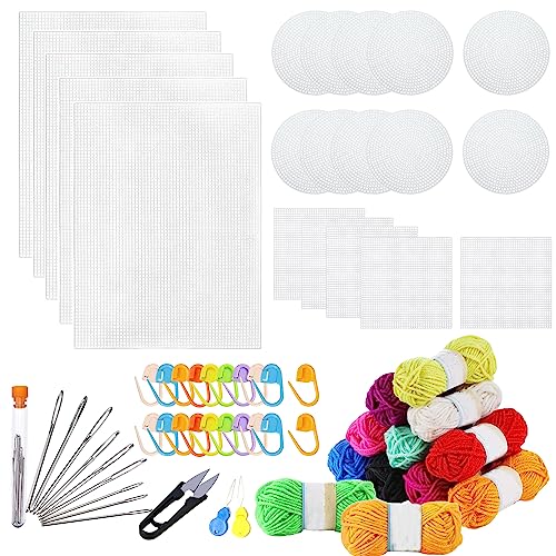 Image of Allazone 45 PCS Mesh Plastic Canvas Sheets Kit, 3 Shape Clear Plastic Canvas, 12 Color Acrylic Yarn for DIY Crafts Embroidery Cross Stitch, Acrylic Yarn Crafting, Knit and Crochet Projects