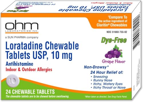 Ohm Loratadine 10mg Chewable Tablets Non-Drowsy Antihistamine for Indoor & Outdoor Allergies | Grape Flavor Dye-Free Allergy Relief (Small 24 Count)