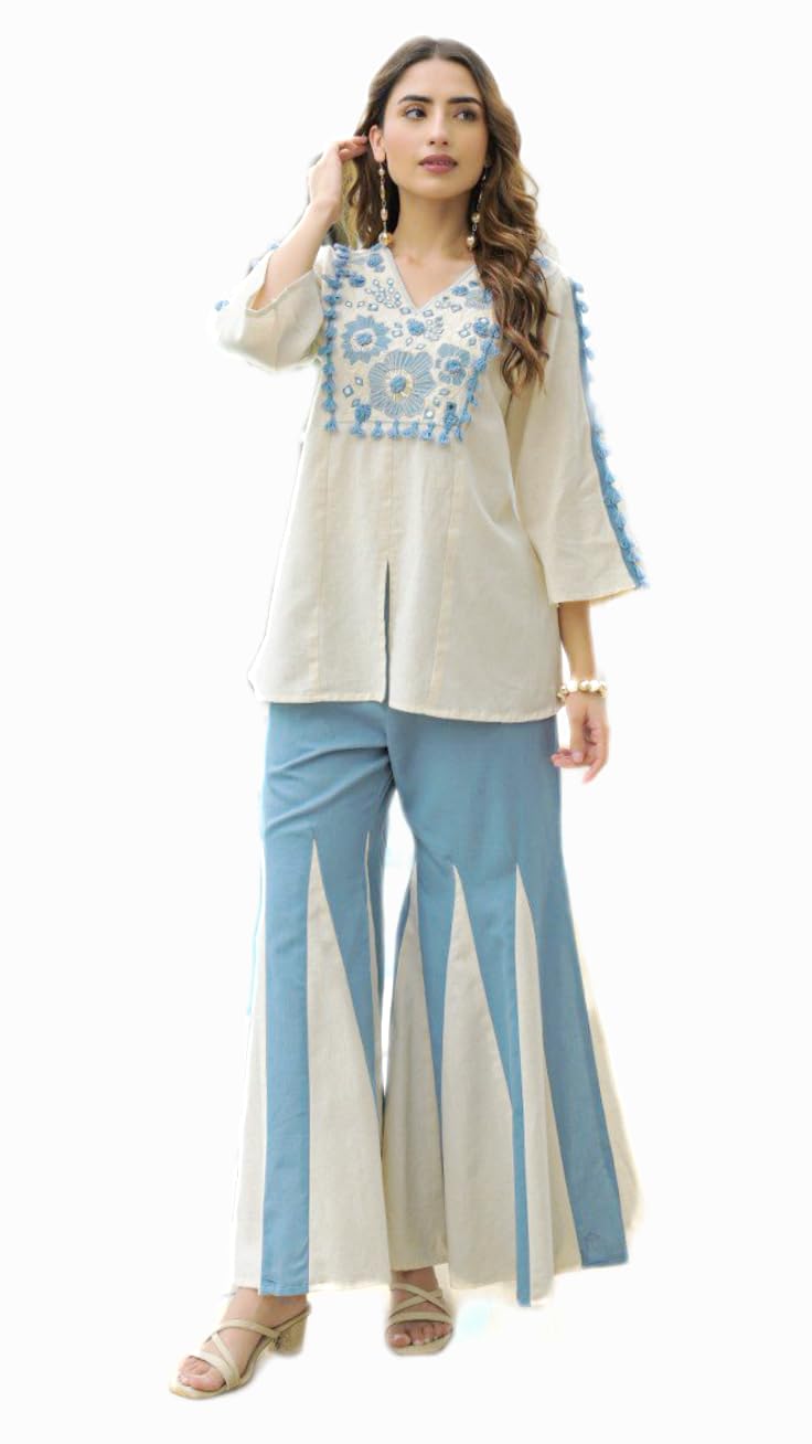 Women Cotton Embroidered Kurta Palazzo Set | Cream Kurta with Sky Blue Floral Embroidery V-Neck & Lace Sleeves | Cotton Kurti Palazzo Co-Ord Set | Ethnic Set for Women Festive Casual-image-49