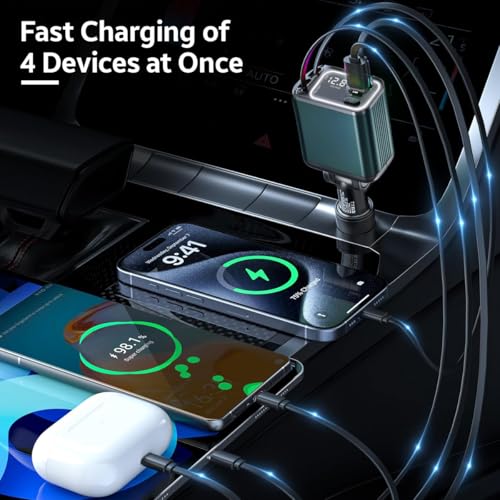 Image of AMPERE 90W Retractable Car Charger - 4 in 1 Fast Car Charger with USB-C & Lightning Cables & Dual USB Ports (Type-C PD & USB-A), LED Indicator, Compatible with iPhone & Type-C Android Smartphones