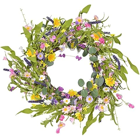 Plcnn 60cm Spring Summer Door Daisy Wreath, large Lavender Eucalyptus Wreath Artificial Colorful Daisy Wreath for Front Door Wall Home and Farmhouse Decor, Purple, 24inch Cover