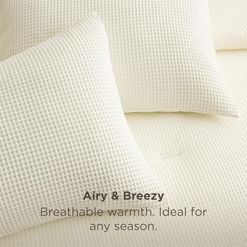 Image of Bedsure Cream King Bed Comforter Set, Waffle Breathable Bedding Set, All Season Comforter with 3 Pieces, 1 Waffle Weave Comforter (104 inchx90 inch) and 2 Pillowcases (20 inchx36 inch)
