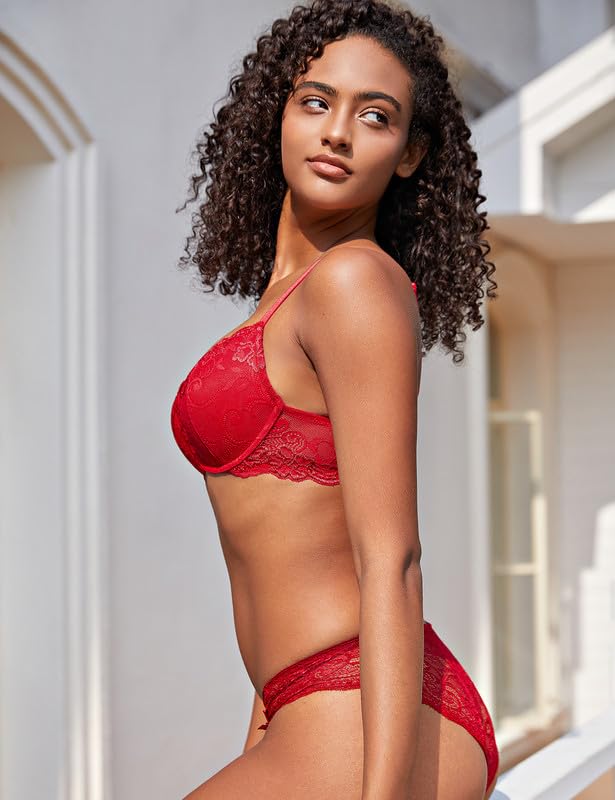 Deyllo BH Damen mit Bügel,Push up BH,Dirndl BH Blumen Spitze Schalen Bügel BH Gepolstert Elegant(Lippenstift Rot,95E) 5
