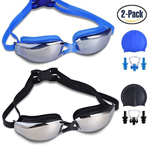 RIHACHAN Swim Goggles, Swimming Goggles Leak Free UV Protection Anti Fog, Swimming Glasses with Adjustable Shoulder Strap for Unisex Adult –Teenagers, with Swimming Caps, Nose Clips, Ear Plugs-2 pack