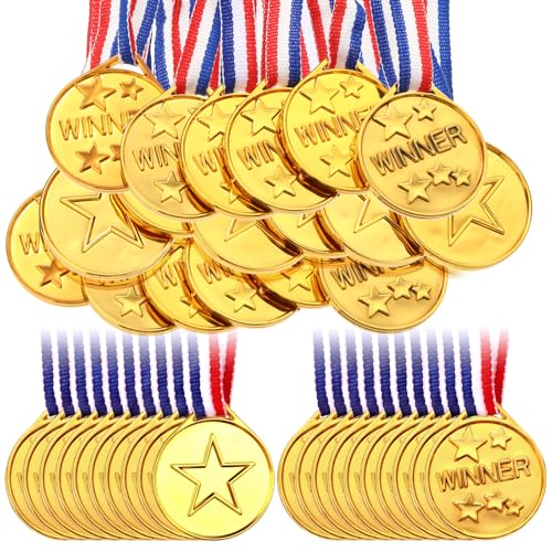 Gejoy 30 Pieces Gold Plastic Winner Award Medals, Gymnastics Field Day Awards for Sports, Competition, Talent Show, Spelling Bee Birthday Party Favors Gifts(Classic Style)