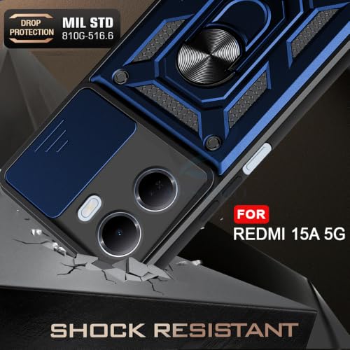 Image of AESTMO Tough Armor Redmi 15A 5G Bumper Back Case Cover | Ring Holder & Sliding Camera Shield Cover | 360 Degree Protection Back Case Cover for Redmi 15A 5G (Blue)
