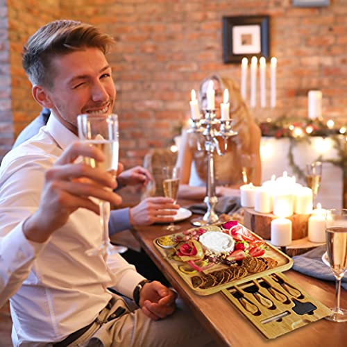 Dubaboo Cheese Board Natural Bamboo Platter With Knife And Forks Set With Ceramic Bowls Charcuterie Platter And Serving Meat, Cheese Board With Slide Out Drawer, Gift For Any Occasion. #TOP5