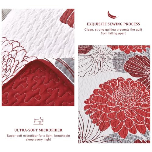 Anibedding Floral Queen Quilt Bedding Set 3PC Reversible Bedspread, Red by Anibedding - Used condition - Image 6