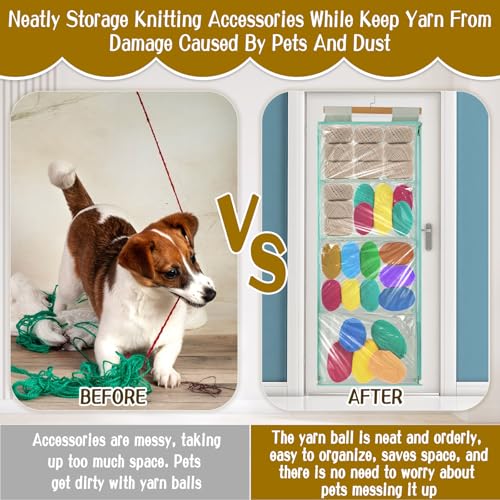 Image of Hanging Yarn Storage Organizer, Clear Knitting Organizer Storage with 4 Large Pockets and Double Zippers for Crochet Lovers, Yarn Holder with Over-Door Hooks for Knitting Needles Crochet Hooks