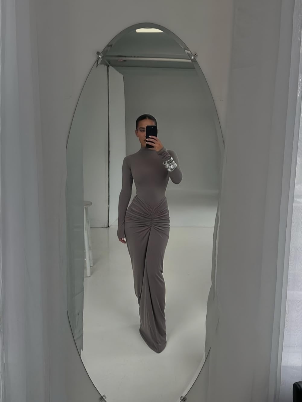Robe Femme Élégante Maxi Robes Moulante Col Montant Manches Longues Sexy Slim Froncée Robe Longue Automne Hiver Tendance Robes Crayon de Soirée Cocktail Clubbing Mariage Casual Streetwear
