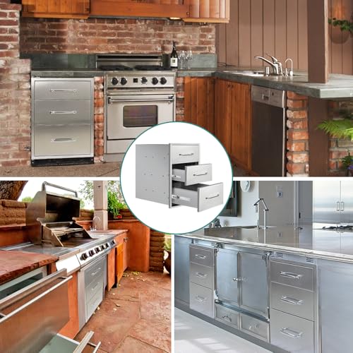 Image of Outdoor Kitchen Drawers 14 inch W x 21 inchH x 21 inchD Stainless Steel Drawer BBQ Triple Drawers with Chrome Handle for Outdoor Kitchen Island, Patio Grill Station