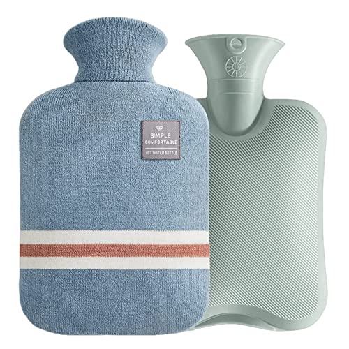 Wärmflasche mit Bezug, Weicher Premium Strickbezug,2 Liter PVC Wärmbeutel für Heiß- und Kälte, Handfußwärmer, Nacken- und Schulterschmerzlinderung(Blau) Cover