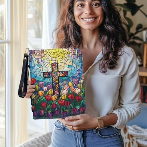 Stained Glass Cross Tulip Prints PU Bible Cover Case for Women Men Multifunctional Bible Carrying Tote Bags with Detachable Wristlet Strap Minimalist Design Bible Study Tools for Study, 2XL4