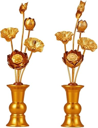 Lunyong常花仏花常花セット花棚仏壇仏具蓮華帯花棚左右一対2個金メッキ蓮華仏壇仏具仏具仏前法要盆命日飾り彼岸供養盆初盆新盆祭壇枯れない (ゴールデン,24*9)