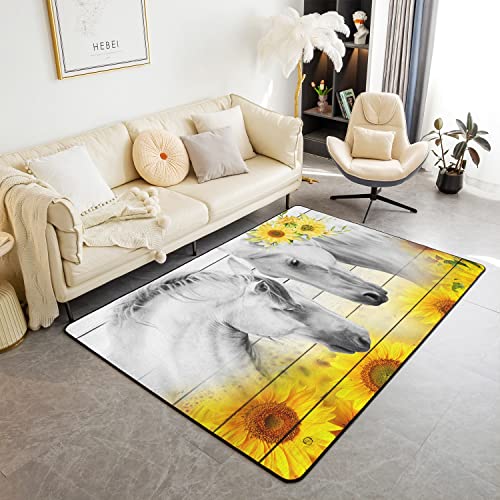 Image of White Horse Area Rug 3'x5',Yellow Sunflower Rustic Plant Non Slip Carpet for Kids Girls Adults,Farmhouse Style Animal Decor Rug for Living Room Bedroom Playroom Backyard