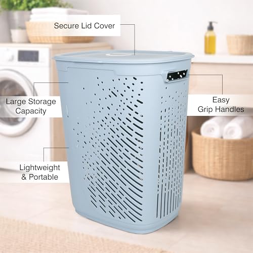 Image of Nayasa Plastic Laundry Basket with Lid - 50 Ltrs | Ventilated Clothes Hamper with Easy-Grip Handles | Clothes & Toy Storage Organizer |(Kitty) Grey